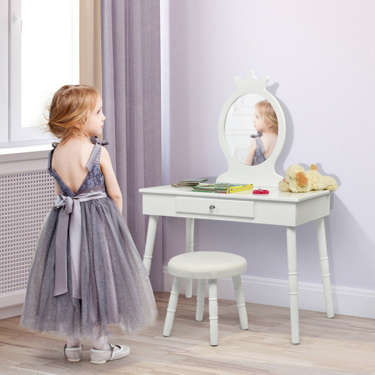 Wooden Princess Makeup Table with Cushioned Stool for Kids