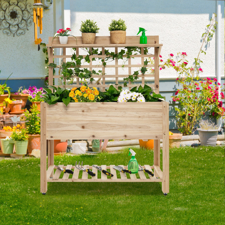 Wooden Raised Garden Bed with Lockable Wheels, Trellis and Storage Shelf