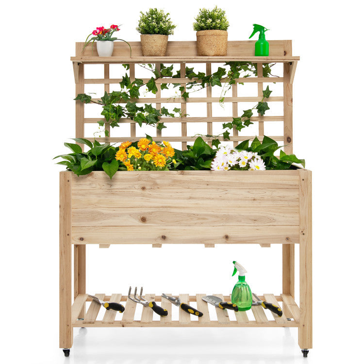 Wooden Raised Garden Bed with Lockable Wheels, Trellis and Storage Shelf