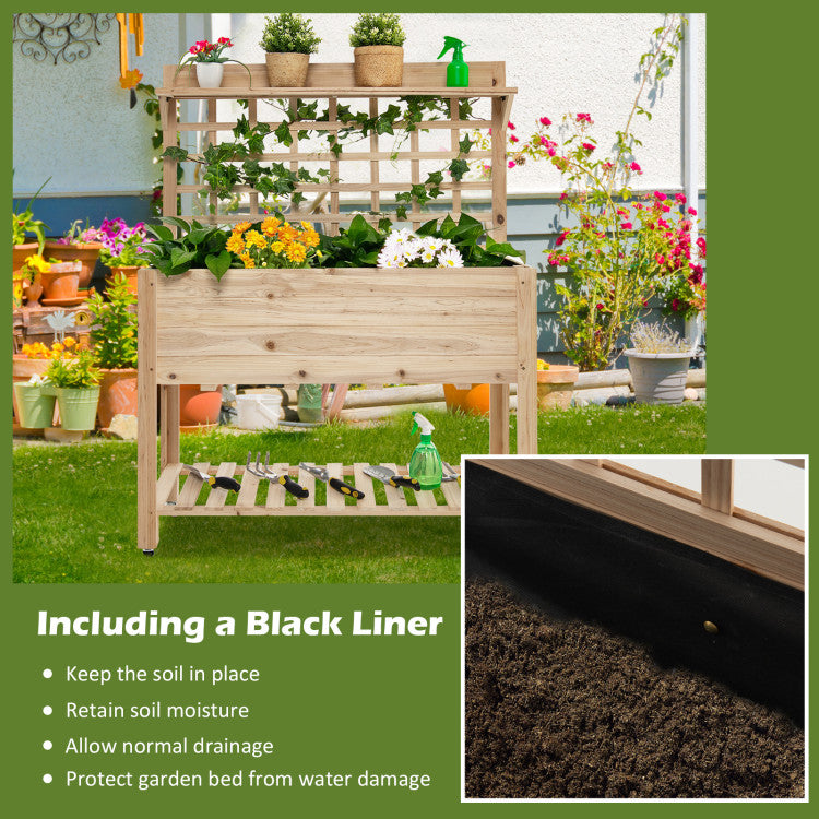 Wooden Raised Garden Bed with Lockable Wheels, Trellis and Storage Shelf