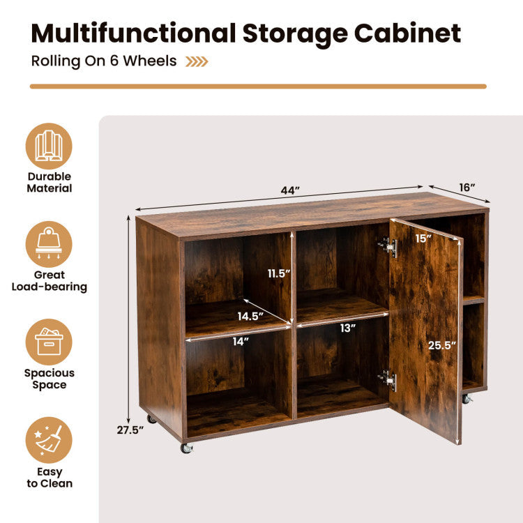 Wooden Storage Cabinet with  360° mute-rotating casters for Home and Office