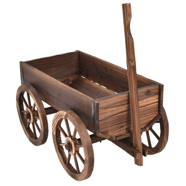 Wooden Wagon Planter Pot Stand with Wheels for Garden or Patio