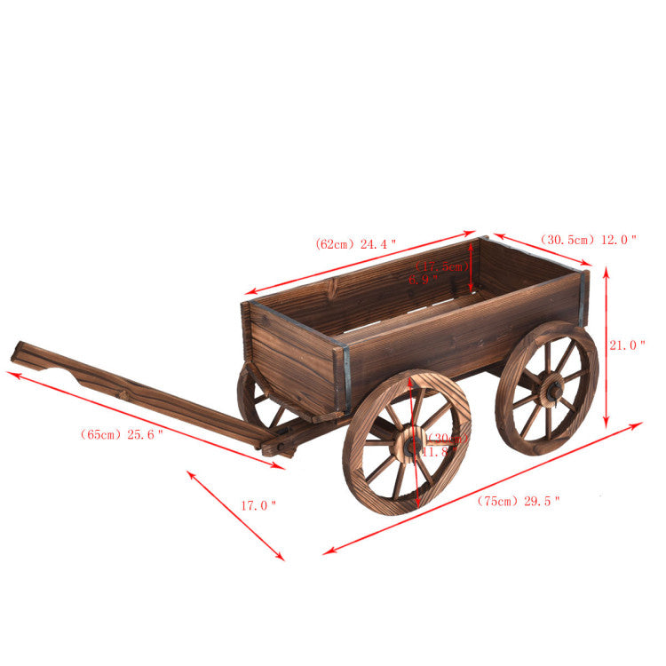 Wooden Wagon Planter Pot Stand with Wheels for Garden or Patio