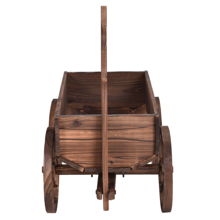 Wooden Wagon Planter Pot Stand with Wheels for Garden or Patio