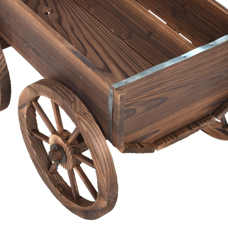 Wooden Wagon Planter Pot Stand with Wheels for Garden or Patio