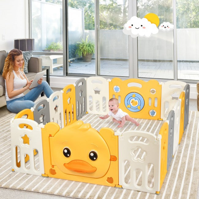 Yellow Duck Portable 16-Panel Baby Playpen with Non-Slip Rubber Bases