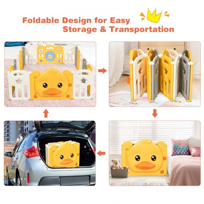 Yellow Duck Portable 16-Panel Baby Playpen with Non-Slip Rubber Bases