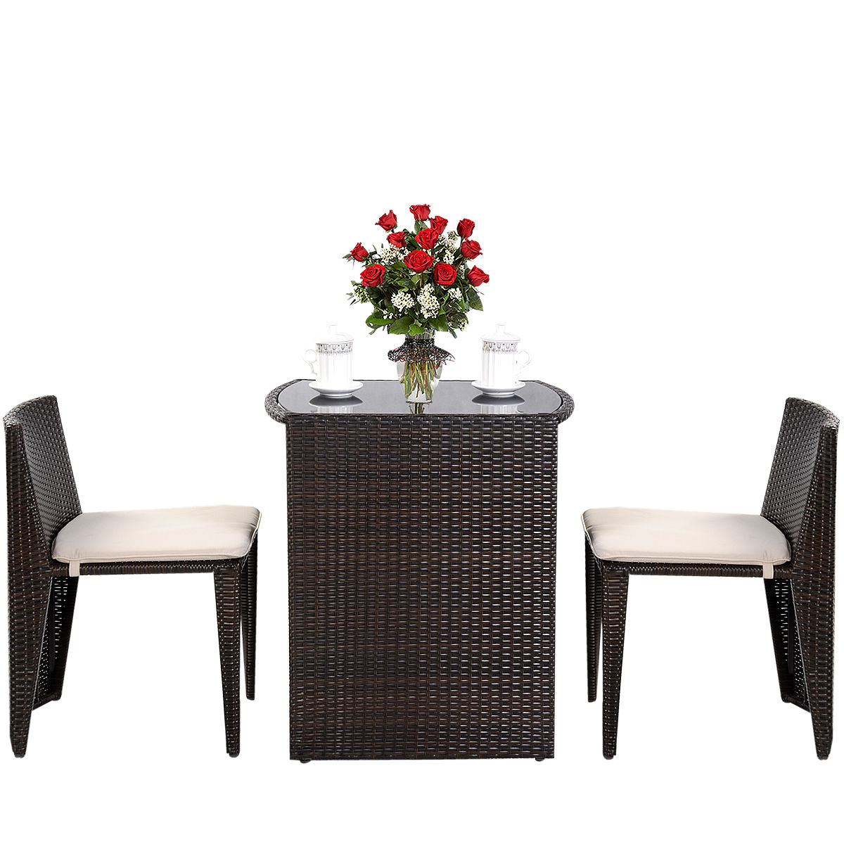 3 Pieces Wicker Patio Cushioned Outdoor Chair and Table Set