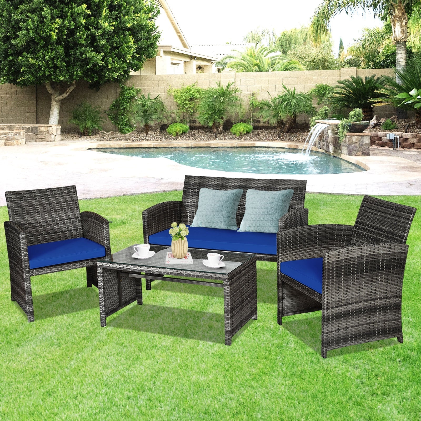 4 Pieces Patio Rattan Furniture Set with Glass Table and Loveseat