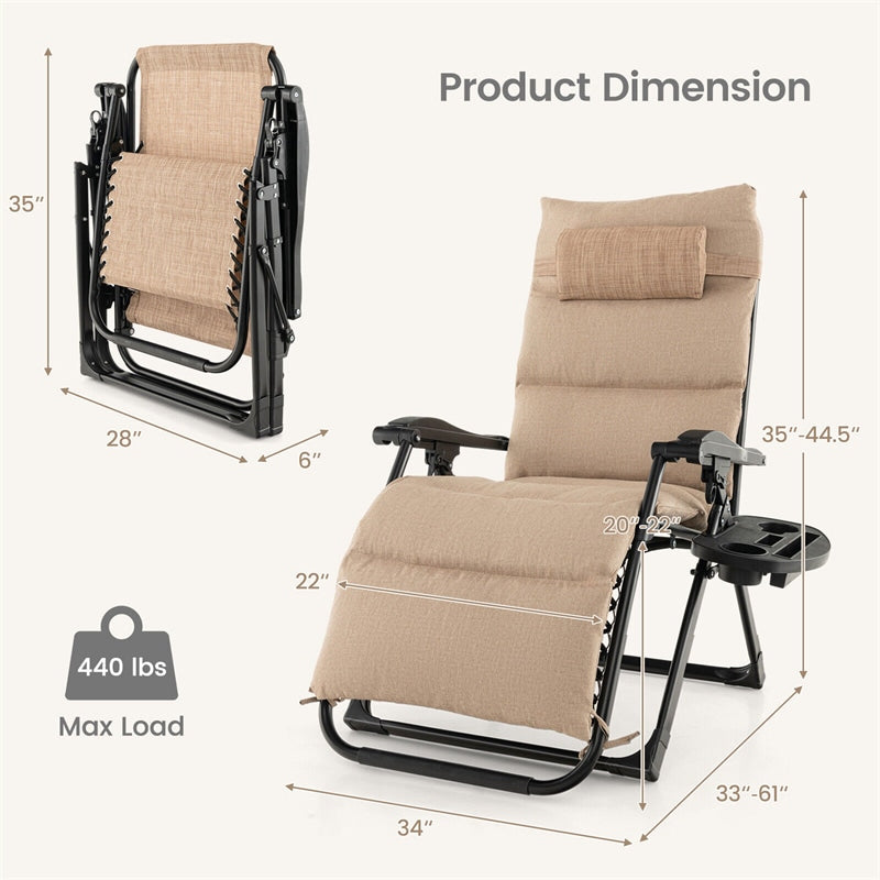 Adjustable Zero Gravity Chair Folding Reclining Outdoor Lounge Chair with Cushion, Pillow & Side Tray