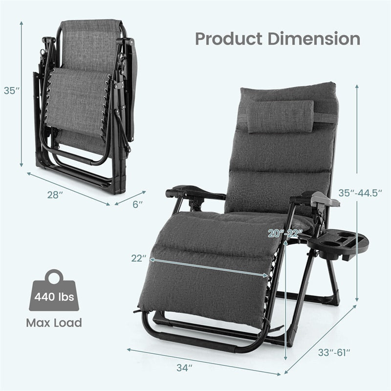 Adjustable Zero Gravity Chair Folding Reclining Outdoor Lounge Chair with Cushion, Pillow & Side Tray