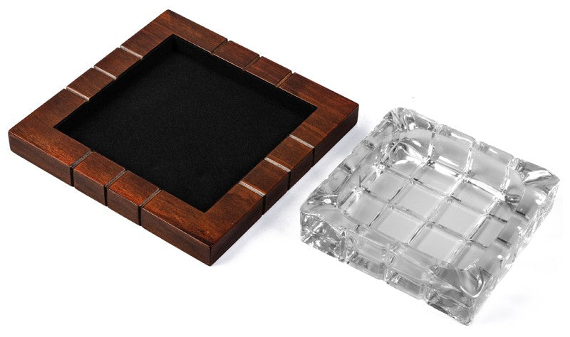 Prestige Import- Wood & Crystal Cross-Hatch Ashtray