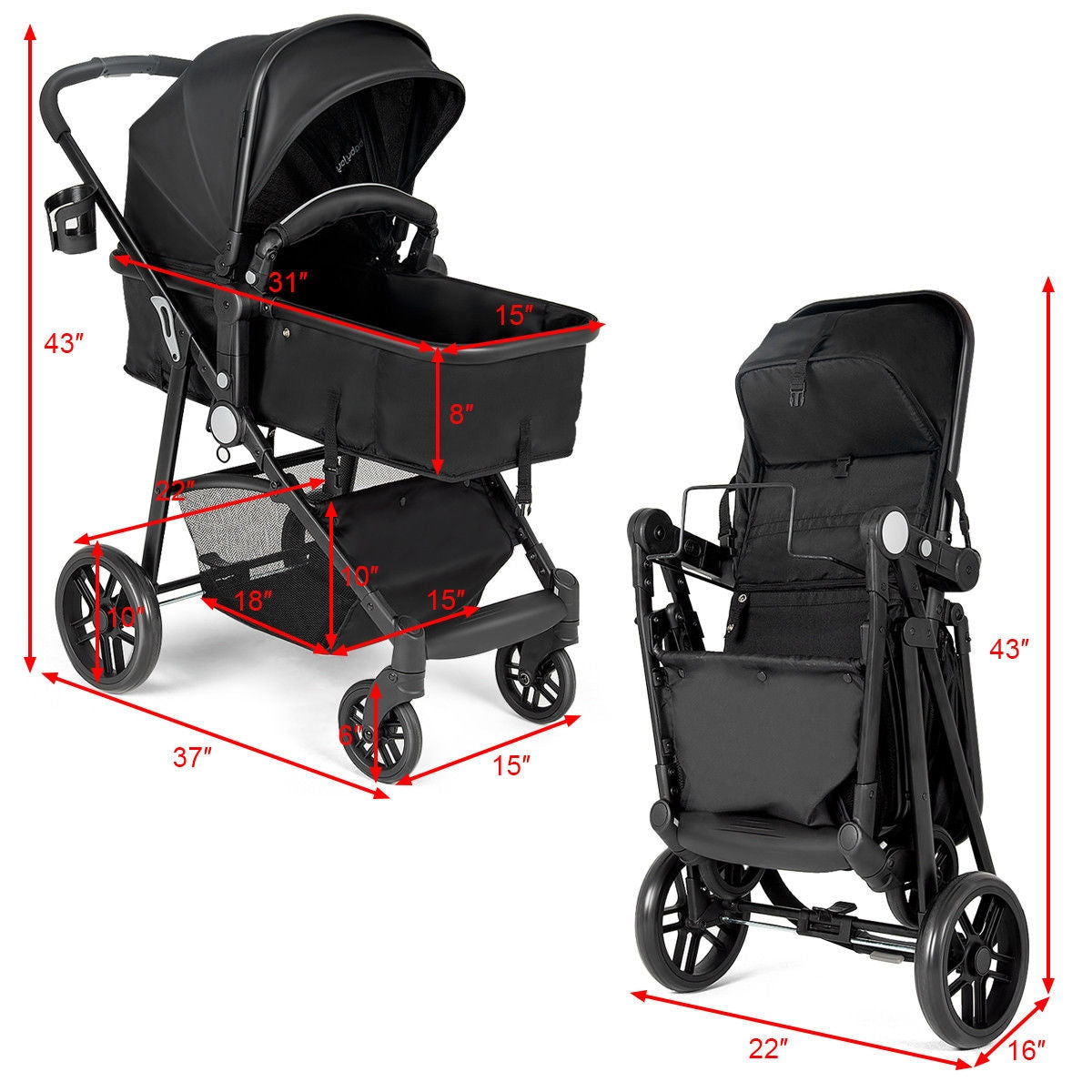 2-in-1 Foldable Newborn Infant Baby Stroller with  Cup Holder