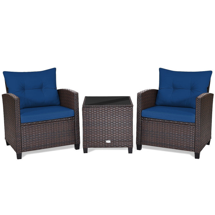 3 Pieces Rattan Patio Furniture Set with Easy-to-clean Cushions