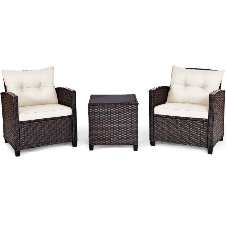 3 Pieces Rattan Patio Furniture Set with Easy-to-clean Cushions