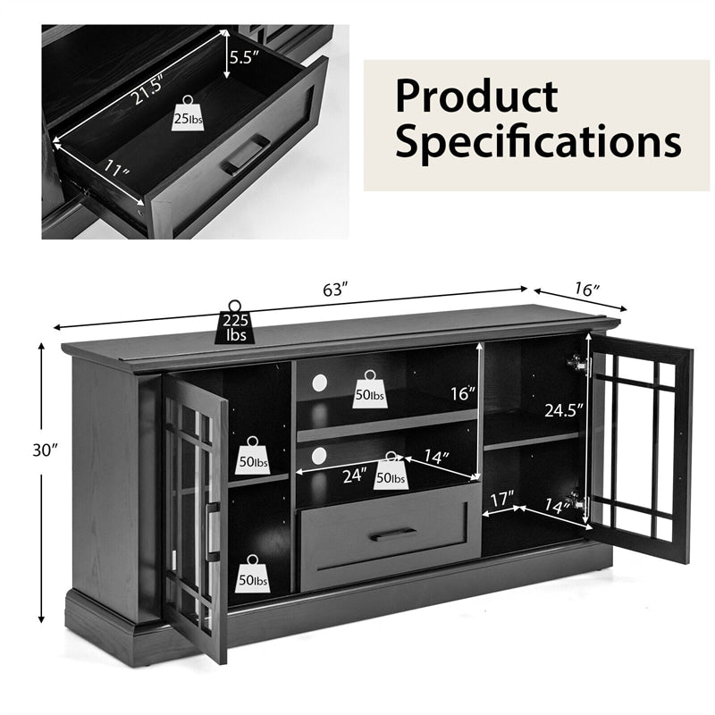 Farmhouse TV Stand Entertainment Center Tall Media Console Table for TVs up to 70 Inch with 2 Glass Doors Cubbies & Drawer