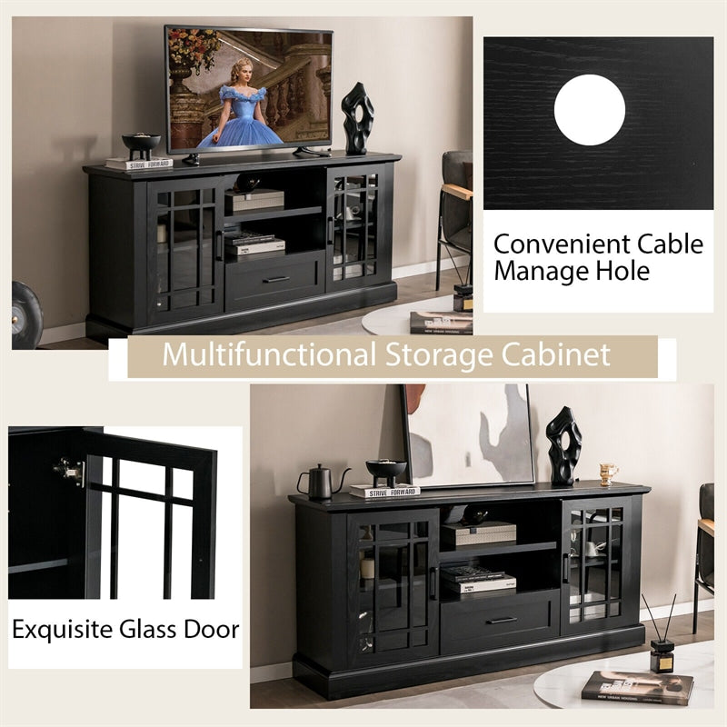 Farmhouse TV Stand Entertainment Center Tall Media Console Table for TVs up to 70 Inch with 2 Glass Doors Cubbies & Drawer