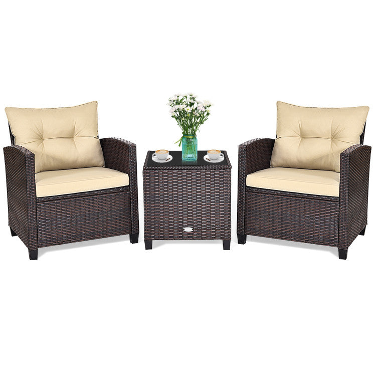 3 Pieces Rattan Patio Furniture Set with Easy-to-clean Cushions