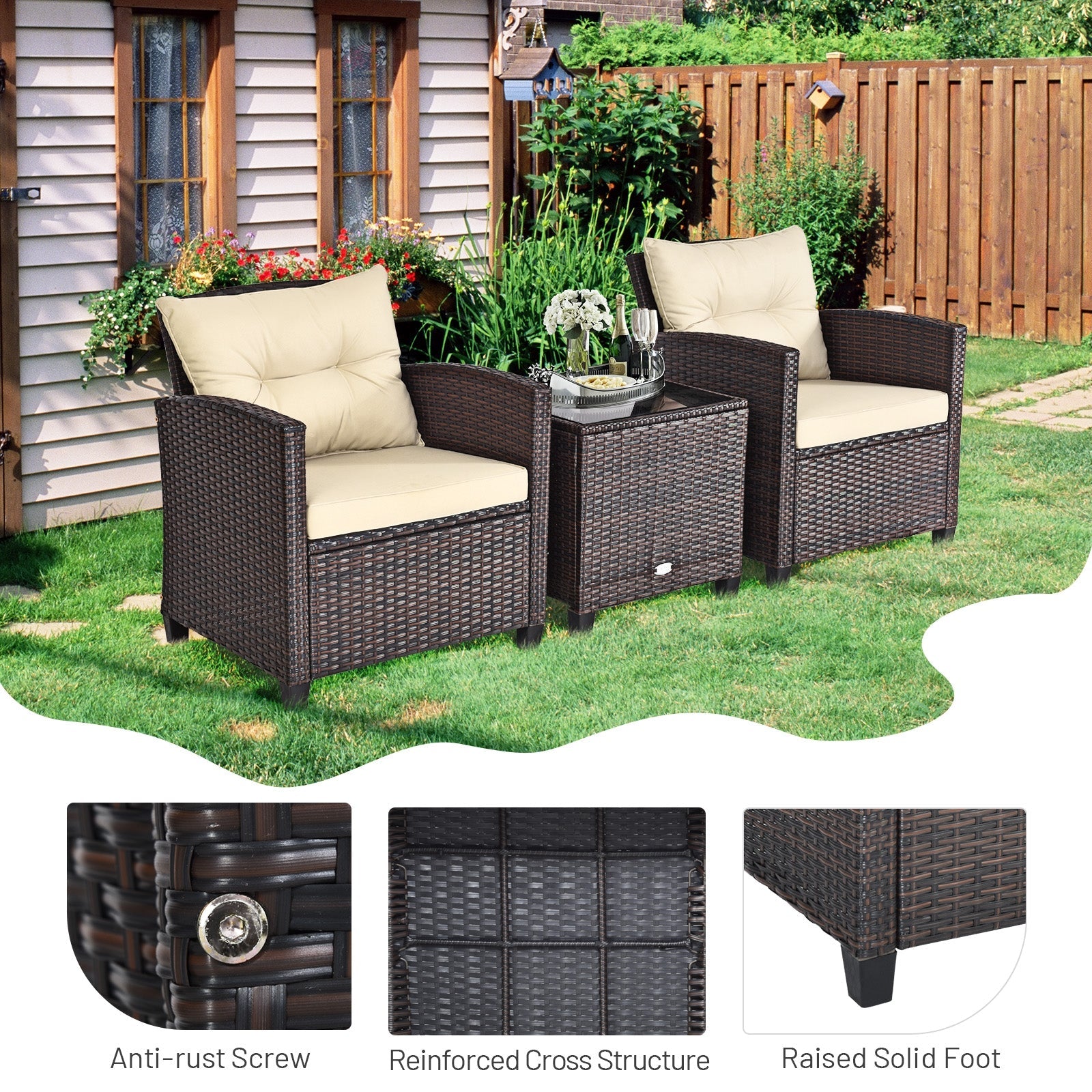 3 Pieces Rattan Patio Furniture Set with Easy-to-clean Cushions