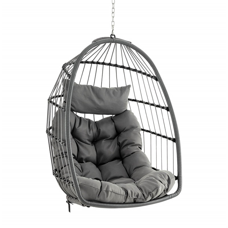 Foldable Wicker Hanging Egg Chair Indoor Outdoor Basket Swing Chair with Large Seat Cushion Soft Pillow & Hanging Kit Chain