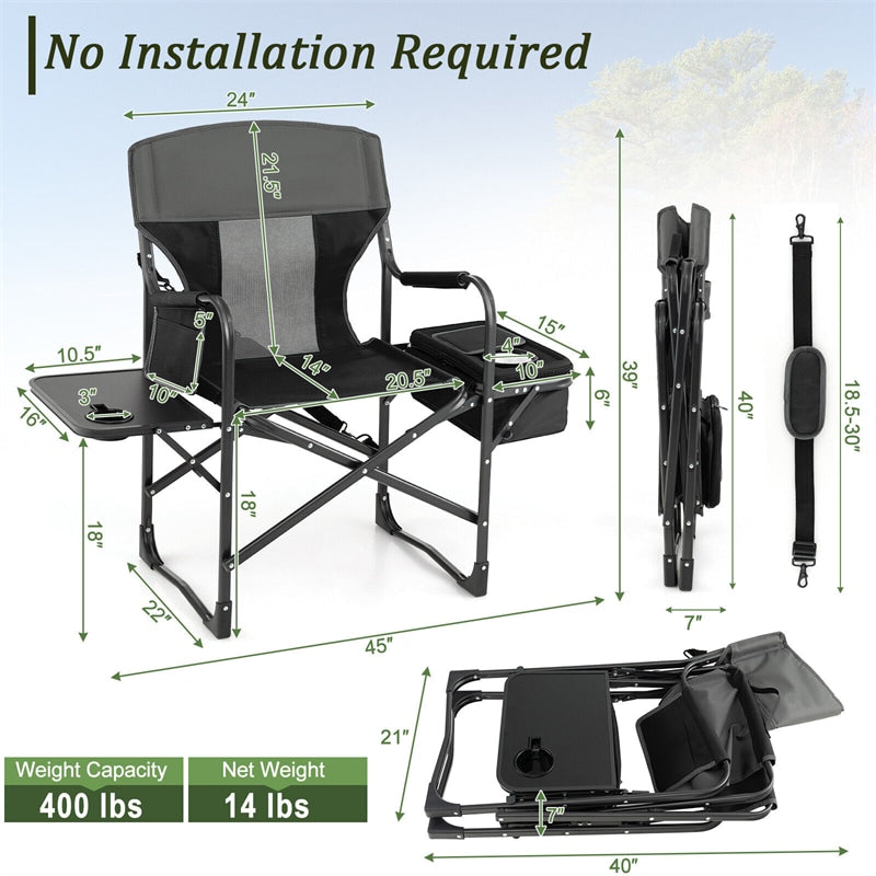 Folding Directors Camping Chair Portable Heavy-Duty Directors Chair with Cooler Bag & Side Table