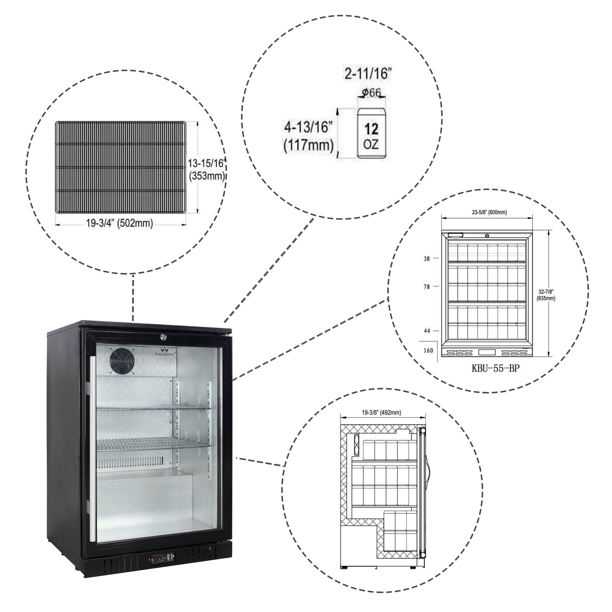 KingsBottle - 24" Freestanding Beverage Center w/ Tempered Glass Black Trim Door (KBU55BP)