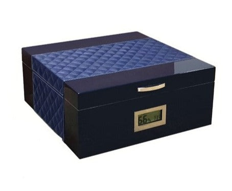 Prestige Import 15' Desktop Cigar Humidor | Diamond Pattern Bonded Leather Top (Hampton Blue - 200 Ct.)