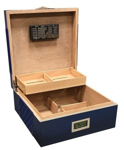 Prestige Import 15' Desktop Cigar Humidor | Diamond Pattern Bonded Leather Top (Hampton Blue - 200 Ct.)