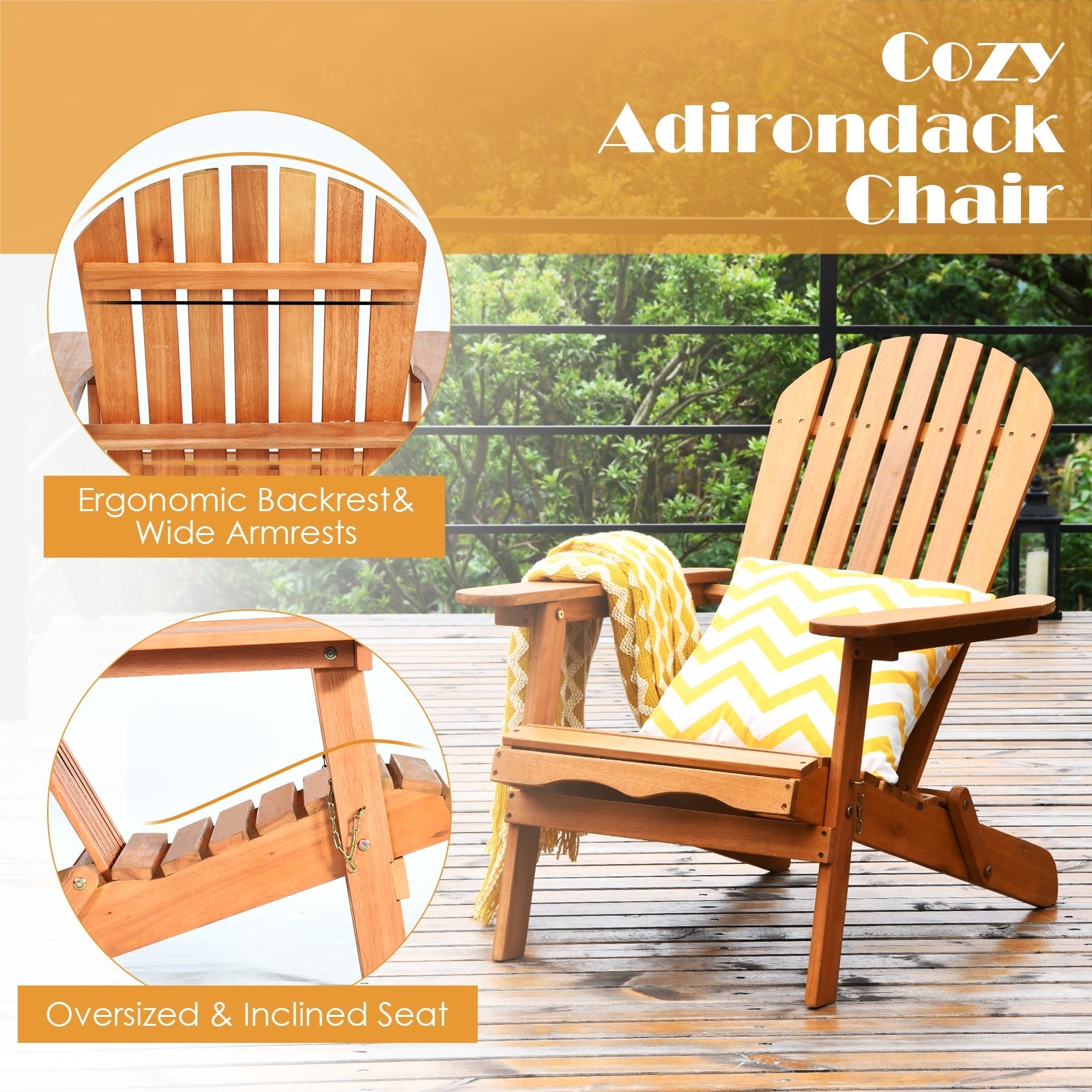 3 Pieces Adirondack Chair Set with Widened Armrest for Outdoor Patio, Pool, Garden