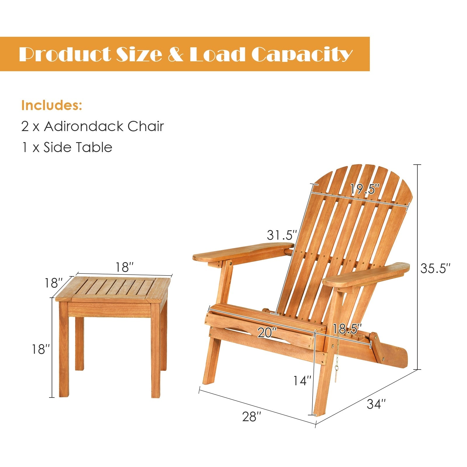 3 Pieces Adirondack Chair Set with Widened Armrest for Outdoor Patio, Pool, Garden