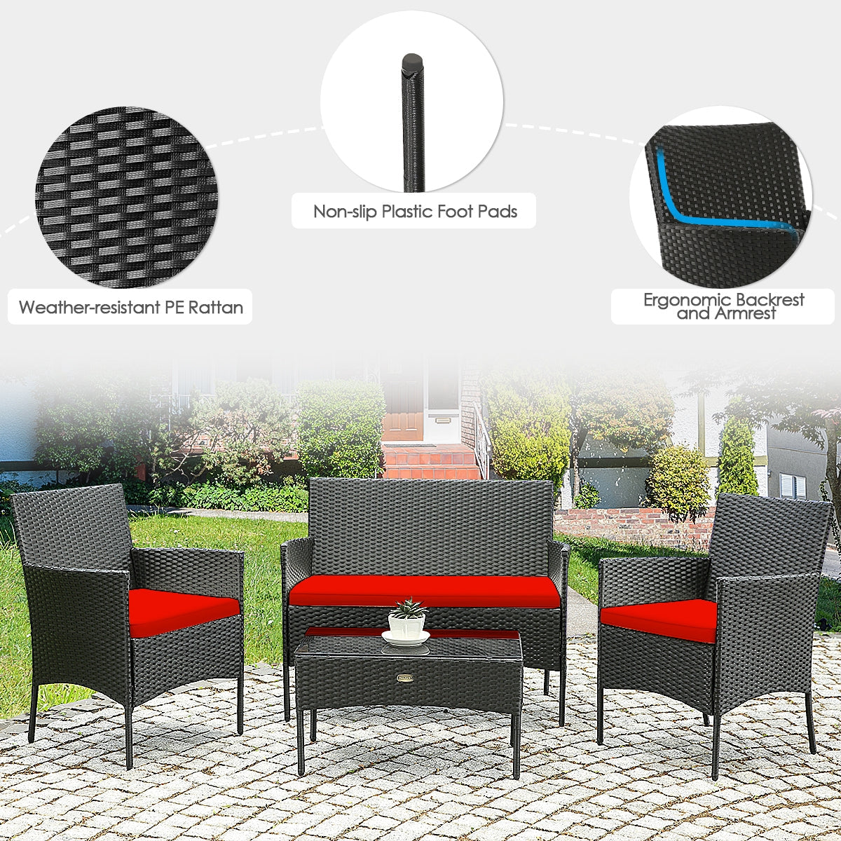 4 Pieces Patio Rattan Cushioned Sofa Set with Tempered Glass Coffee Table