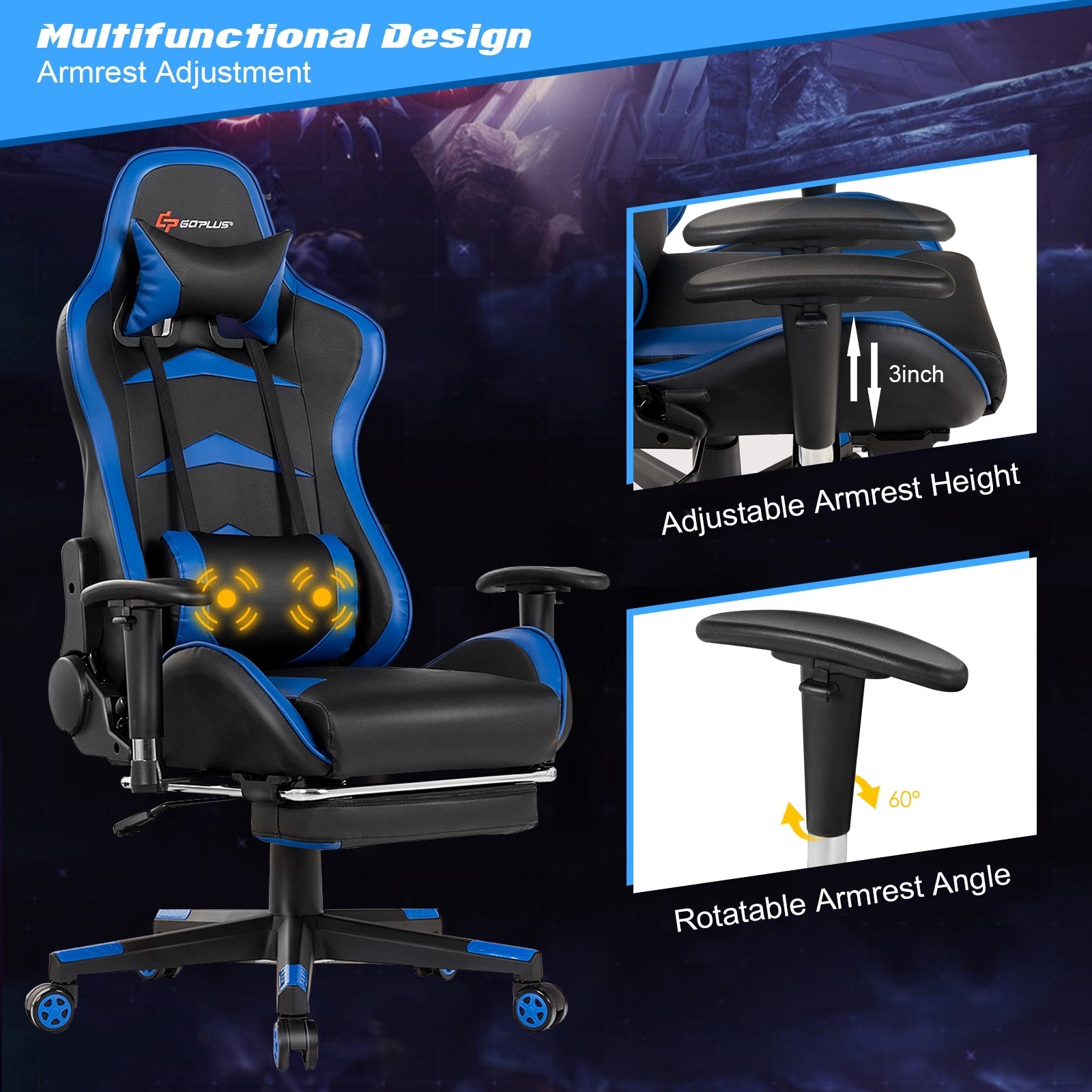 Massage Gaming Chair with Footrest and Adjustable Height