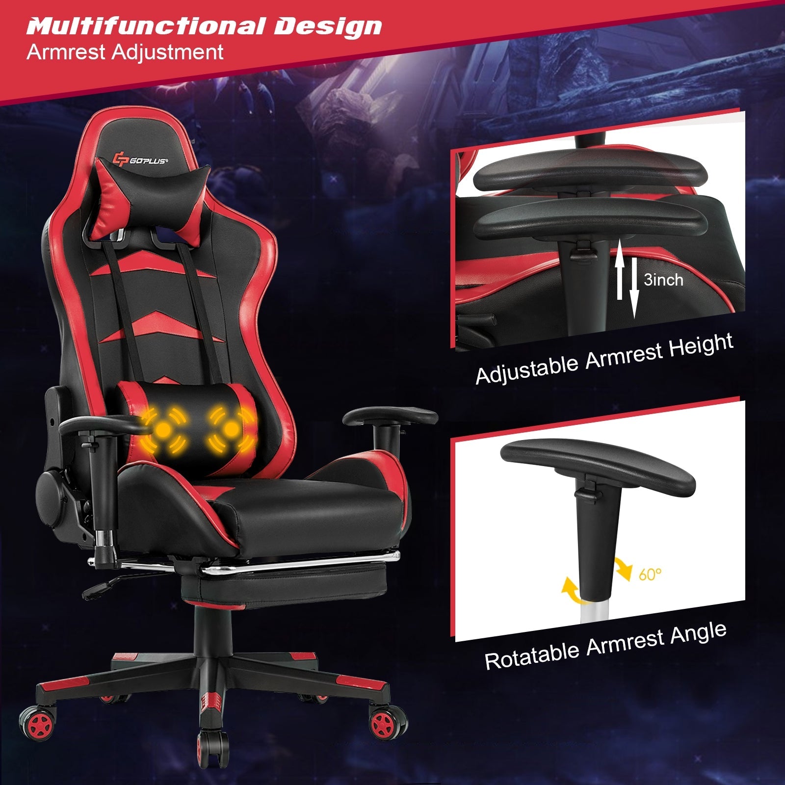 Massage Gaming Chair with Footrest and Adjustable Height