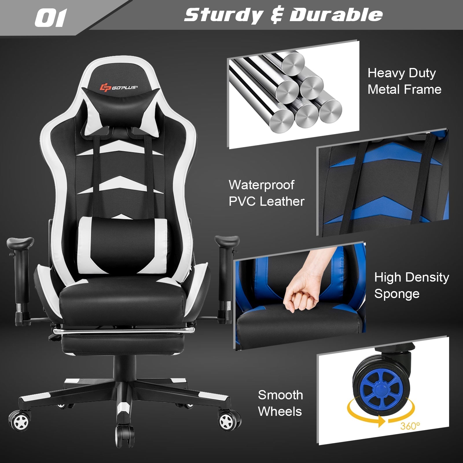 Massage Gaming Chair with Footrest and Adjustable Height