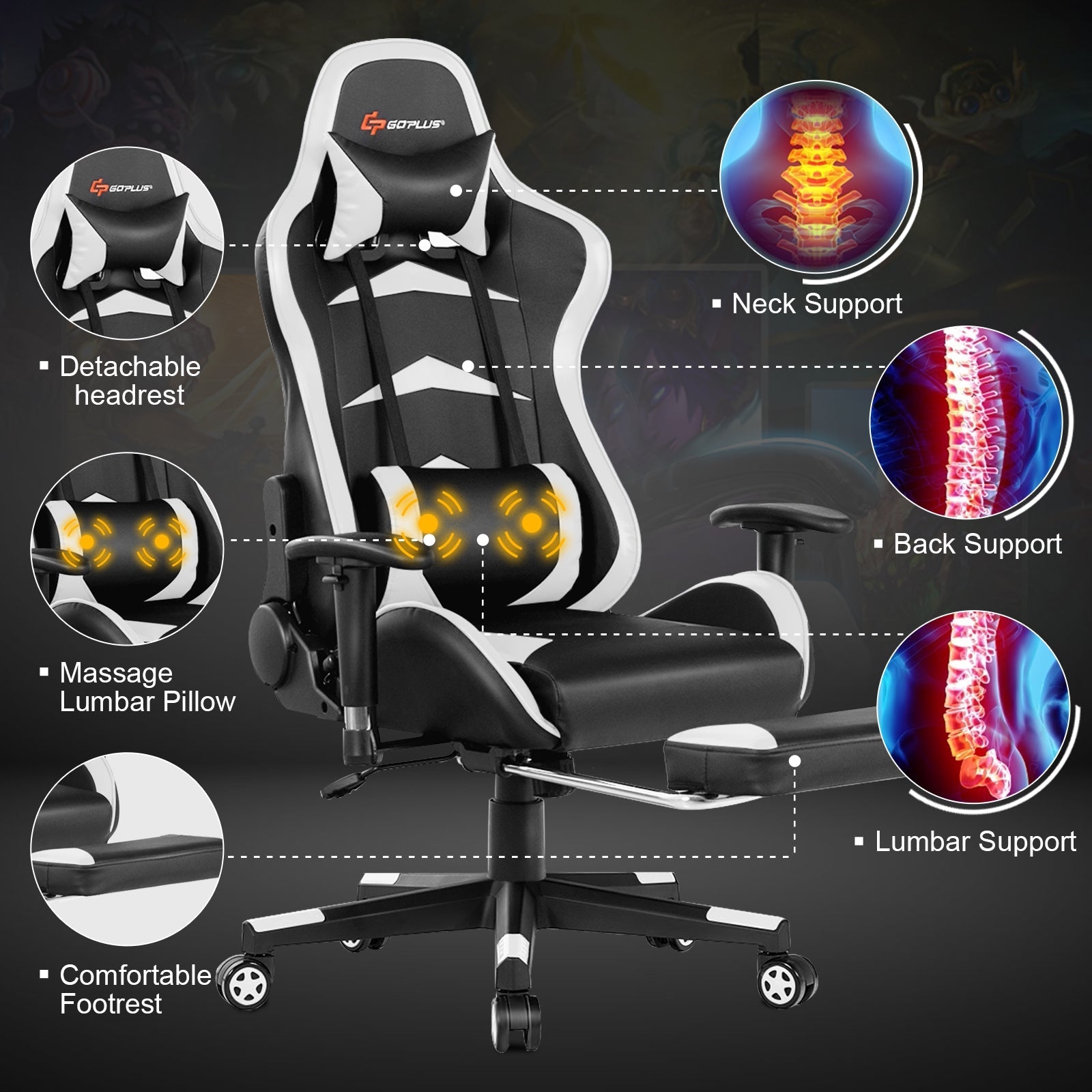 Massage Gaming Chair with Footrest and Adjustable Height