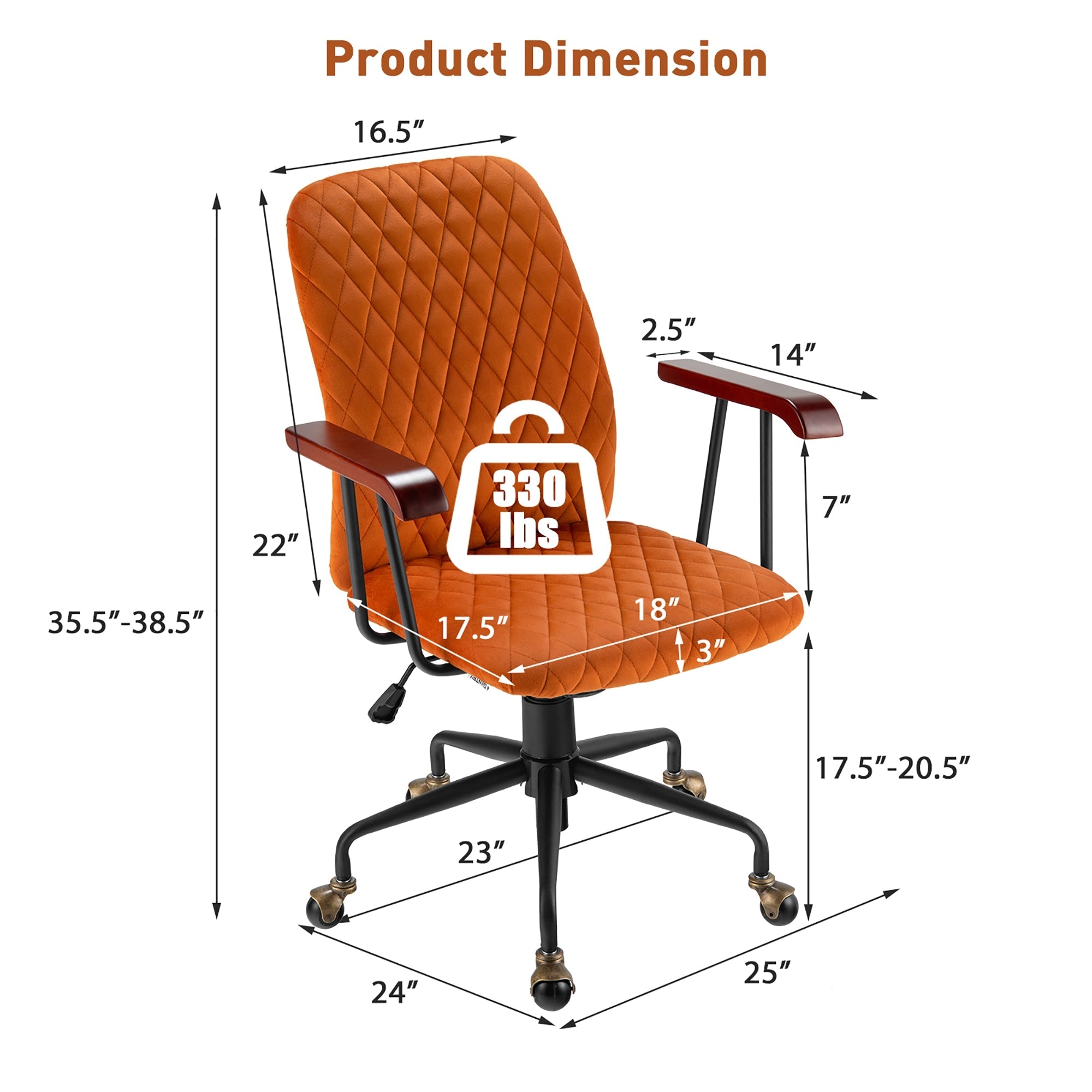 Velvet Adjustable Height Chair with Wooden Armrest for Home and Office