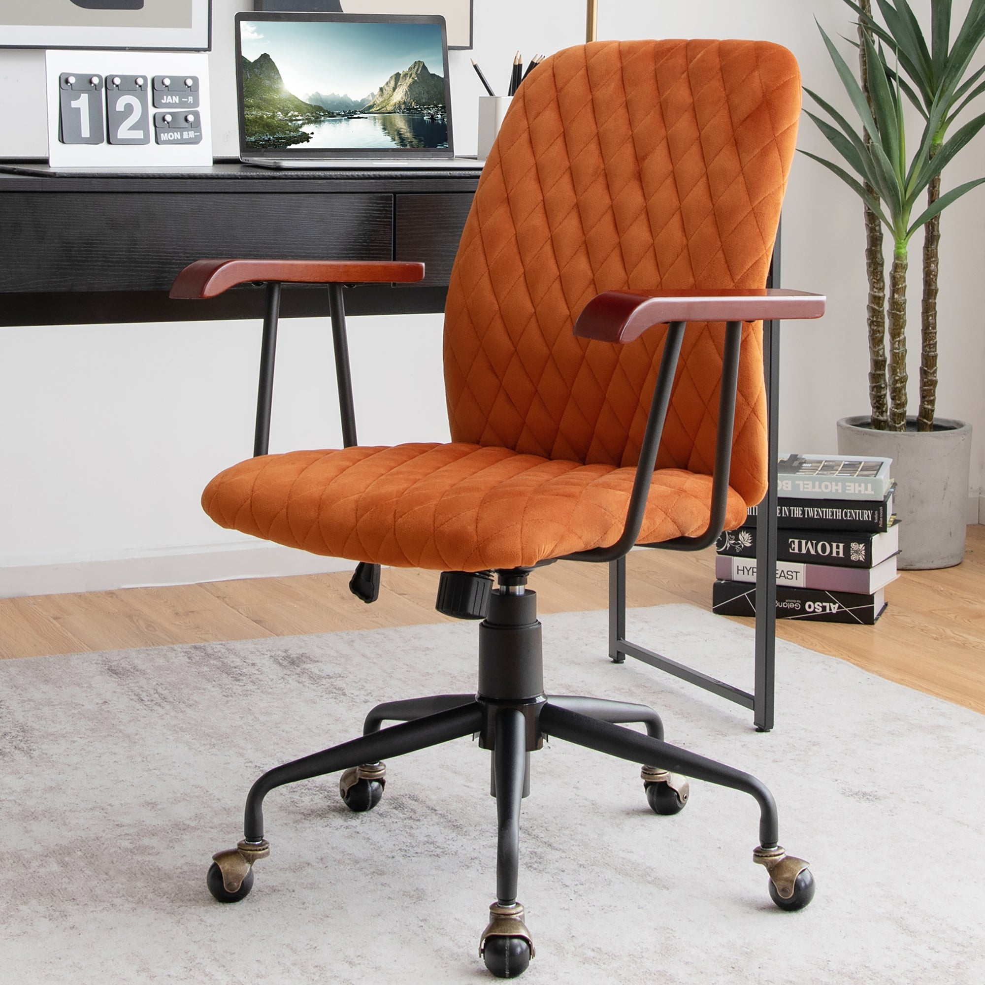 Velvet Adjustable Height Chair with Wooden Armrest for Home and Office