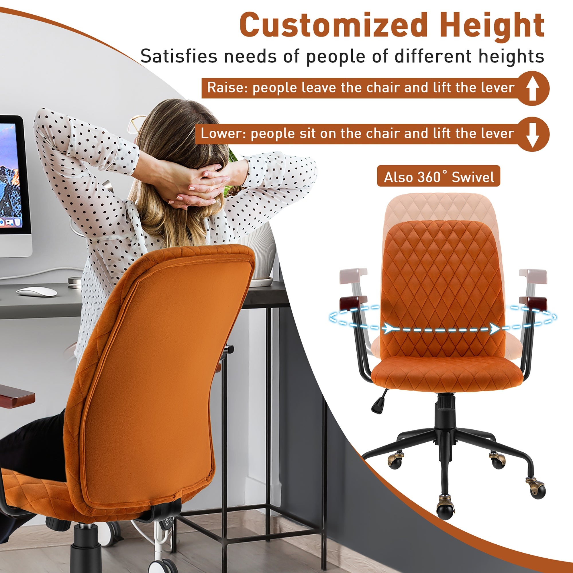 Velvet Adjustable Height Chair with Wooden Armrest for Home and Office