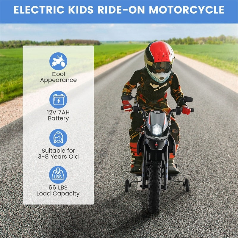 Kids Ride On Motorcycle 12V Licensed Aprilia Battery Powered Toddler Motorbike Electric Dirt Bike with Training Wheels & Lights