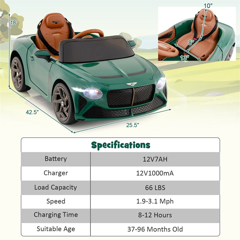 Kids Ride-on Car 12V Licensed Bentley Bacalar Battery Powered Electric Vehicle Toy with Remote Control & LED Lights for 3+ Years Old