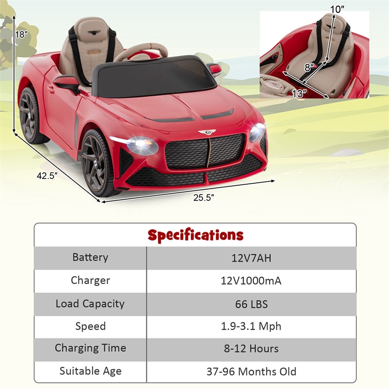 Kids Ride-on Car 12V Licensed Bentley Bacalar Battery Powered Electric Vehicle Toy with Remote Control & LED Lights for 3+ Years Old