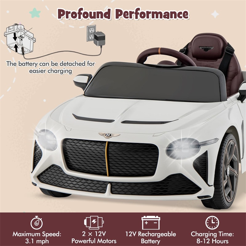 Kids Ride-on Car 12V Licensed Bentley Bacalar Battery Powered Electric Vehicle Toy with Remote Control & LED Lights for 3+ Years Old