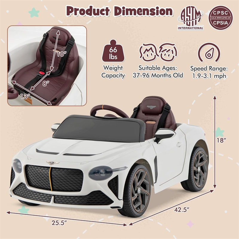 Kids Ride-on Car 12V Licensed Bentley Bacalar Battery Powered Electric Vehicle Toy with Remote Control & LED Lights for 3+ Years Old