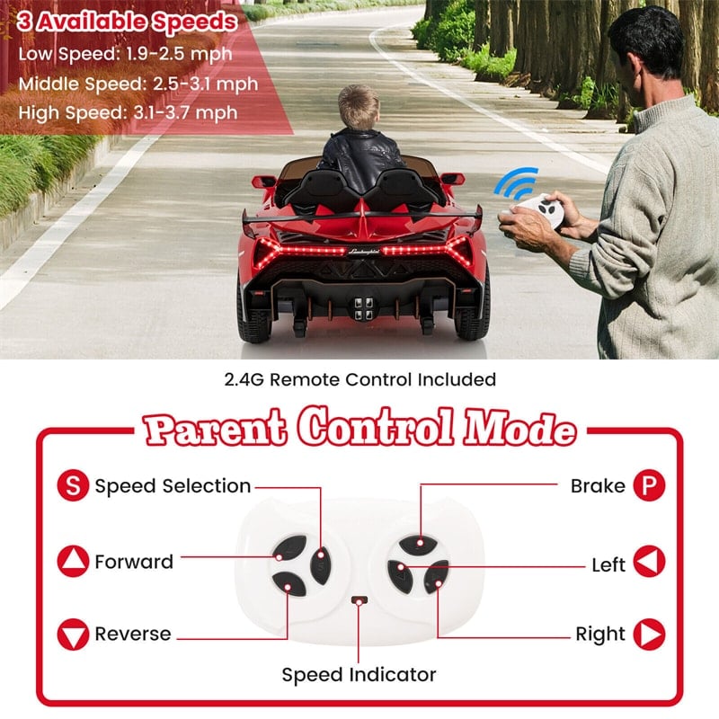 Kids Ride on Car 12V Licensed Lamborghini Battery Powered 4WD Sports Car Electric Vehicle with Remote Control & LED Lights