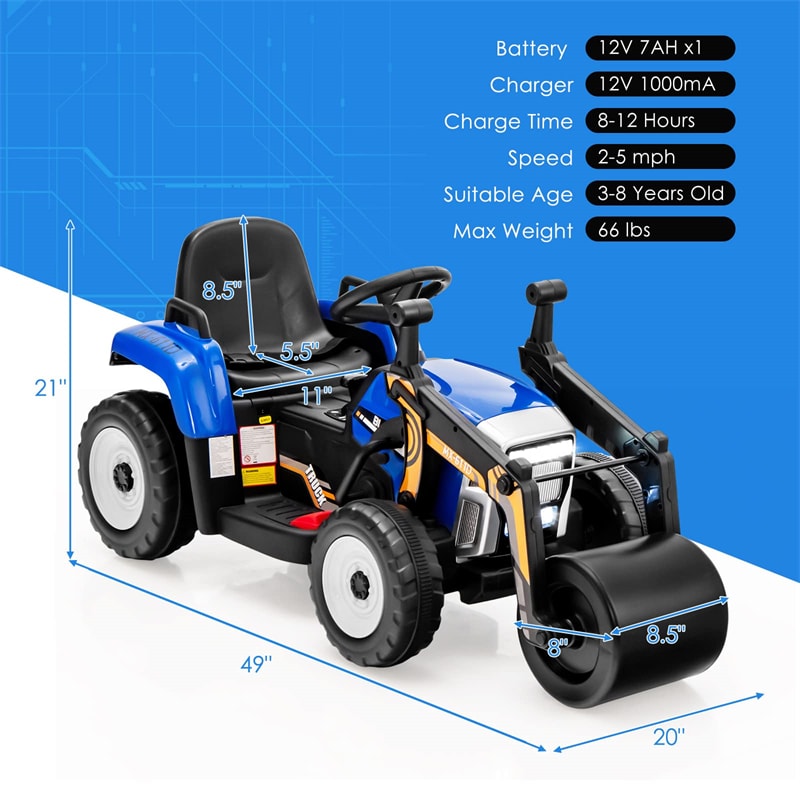 Kids Ride On Road Roller 12V Battery Powered Electric Tractor with Remote Control Adjustable Drum Roller