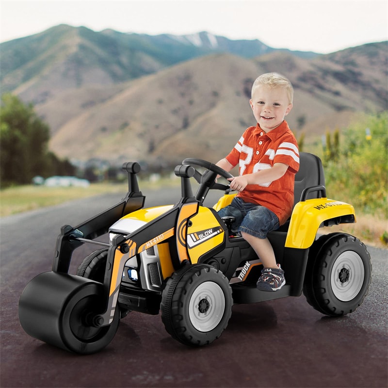 Kids Ride On Road Roller 12V Battery Powered Electric Tractor with Remote Control Adjustable Drum Roller