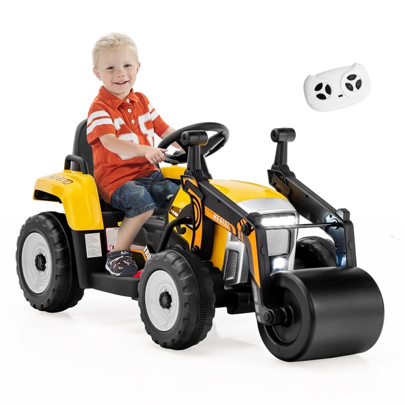 Kids Ride On Road Roller 12V Battery Powered Electric Tractor with Remote Control Adjustable Drum Roller