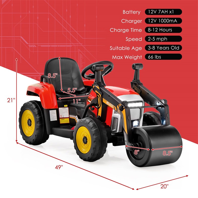 Kids Ride On Road Roller 12V Battery Powered Electric Tractor with Remote Control Adjustable Drum Roller