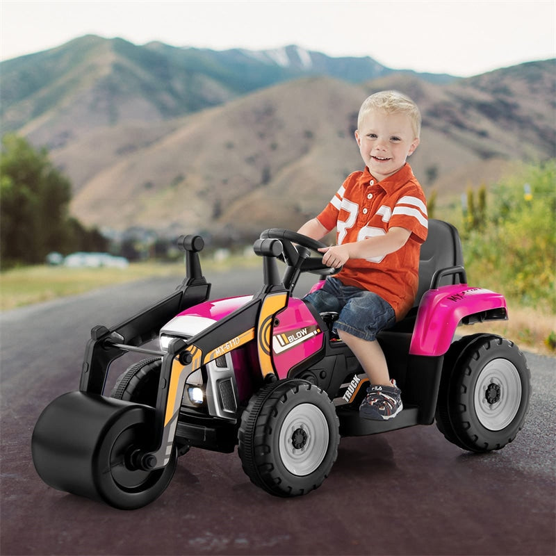 Kids Ride On Road Roller 12V Battery Powered Electric Tractor with Remote Control Adjustable Drum Roller