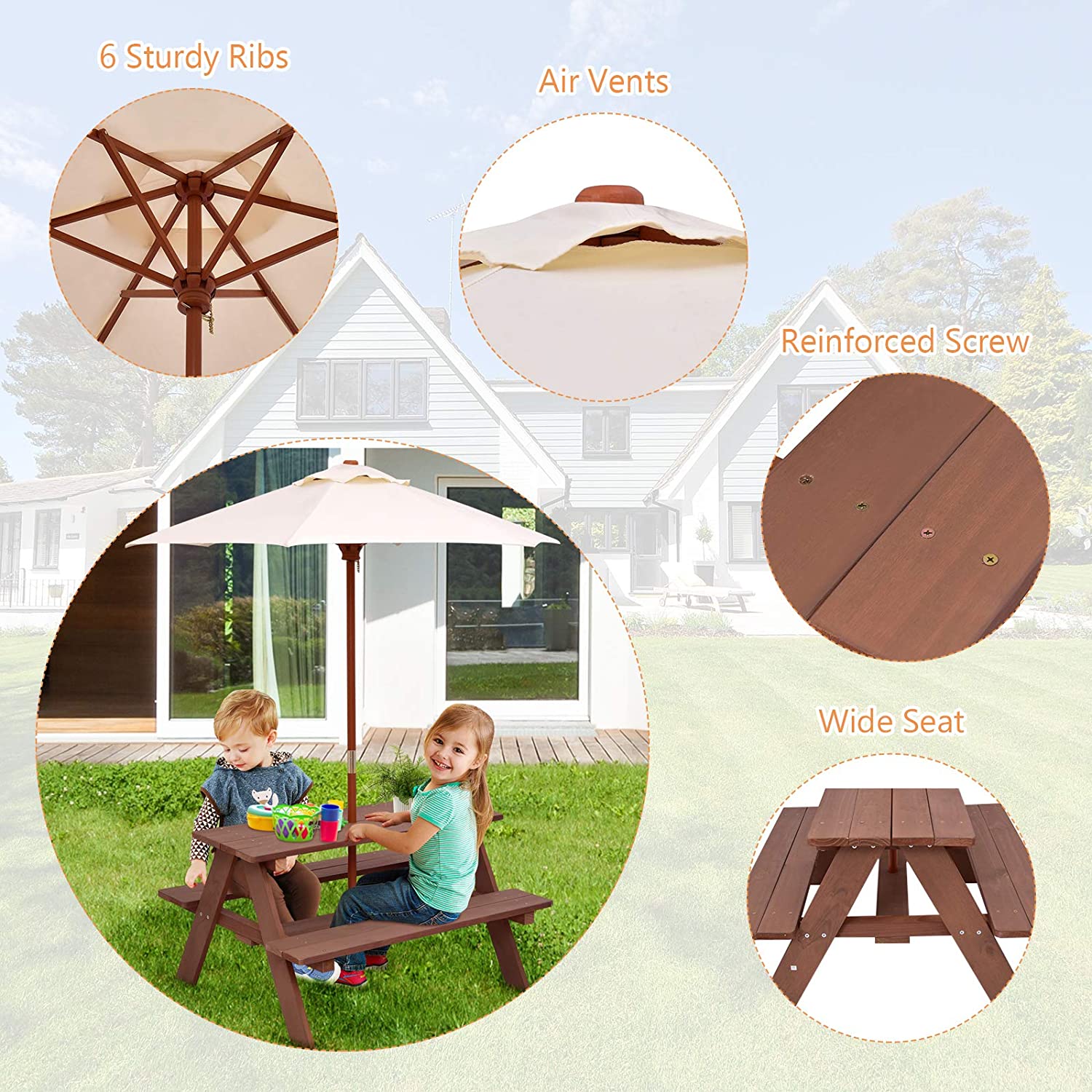 4-Seat Kids Outdoor Picnic Dining Table Bench Set with Removable Umbrella